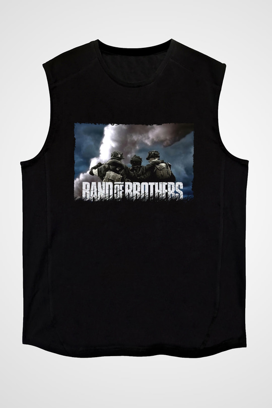 Unisex Kardeşler Takımı (Band of Brothers) Baskılı Siyah Kolsuz T-shirt