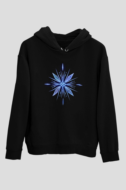 Unisex Karlar Ülkesi 2 (Frozen 2) Baskılı Siyah Kapüşonlu Sweatshirt