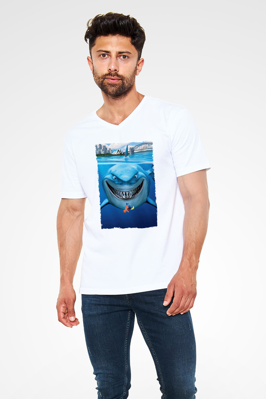Unisex Kayıp Balık Nemo (Finding Nemo) Baskılı Beyaz V Yaka T-shirt
