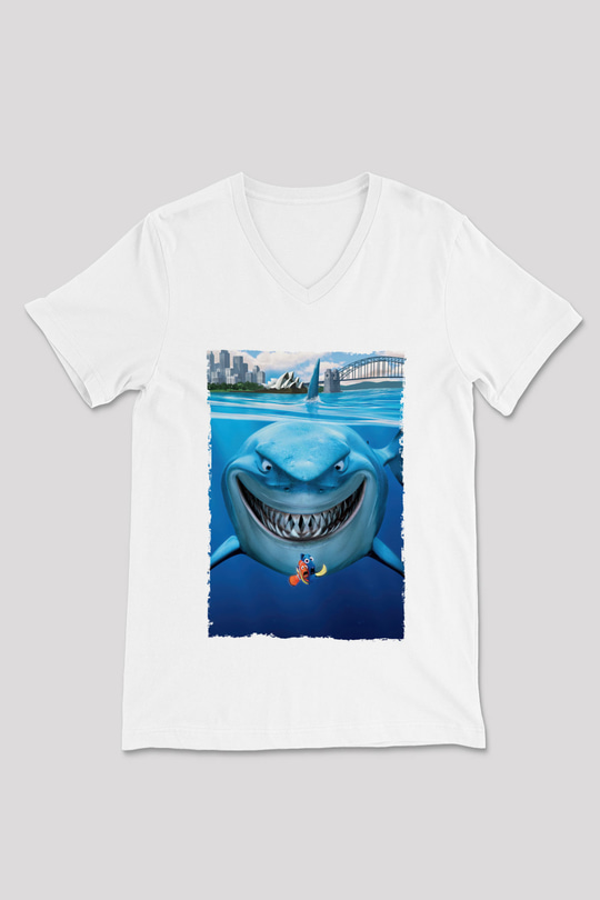Unisex Kayıp Balık Nemo (Finding Nemo) Baskılı Beyaz V Yaka T-shirt