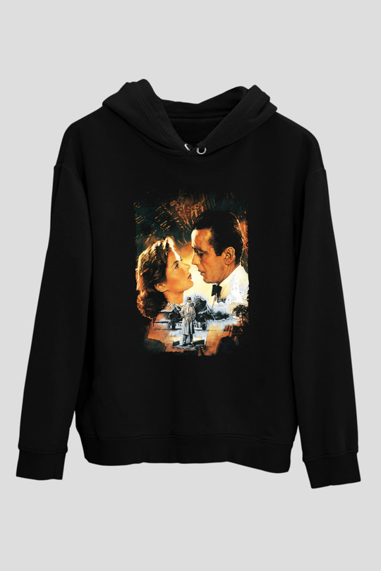 Unisex Kazablanka (Casablanca) Baskılı Siyah Kapüşonlu Sweatshirt