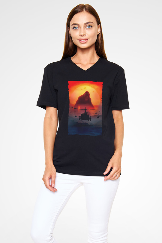 Unisex Kong Kafatası Adası (Kong Skull Island) Baskılı Siyah Unisex V Yaka Tshirt