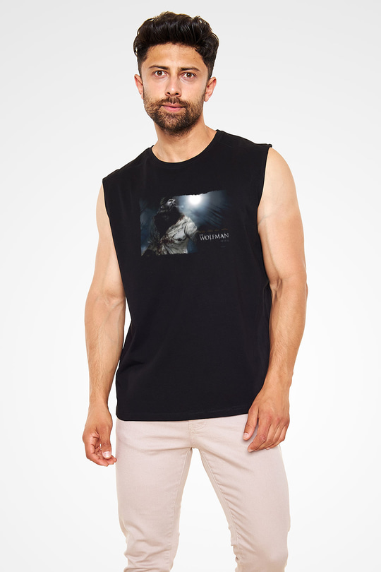 Unisex Kurt Adam (The Wolfman) Baskılı Siyah Kolsuz T-shirt