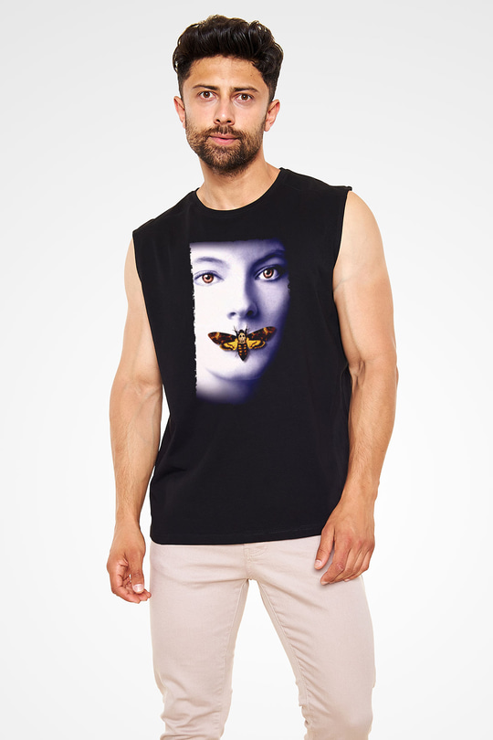 Unisex Kuzuların Sessizliği (The Silence of the Lambs) Baskılı Siyah Kolsuz Tişört