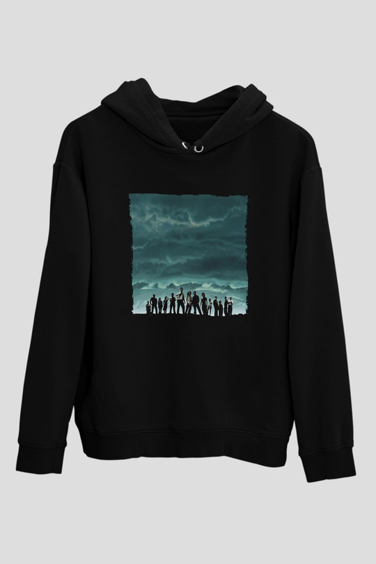 Unisex Lost Baskılı Siyah Kapüşonlu Sweatshirt