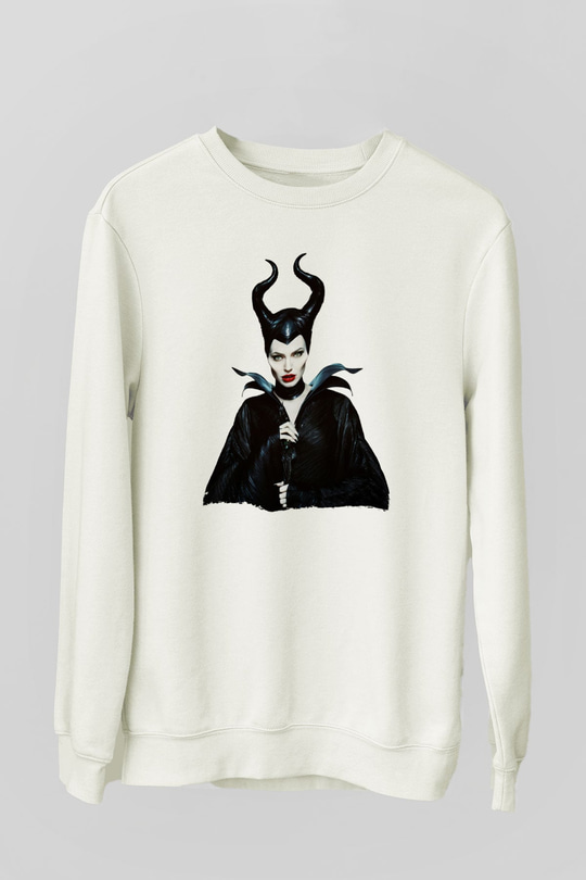 Unisex Malefiz (Maleficent) Baskılı Beyaz Sweatshirt