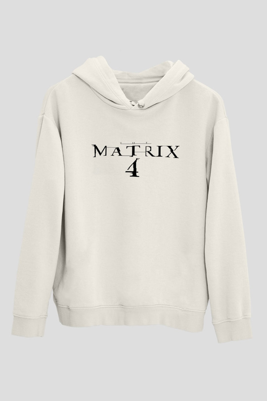 Unisex Matrix 4 Baskılı Beyaz Kapüşonlu Sweatshirt