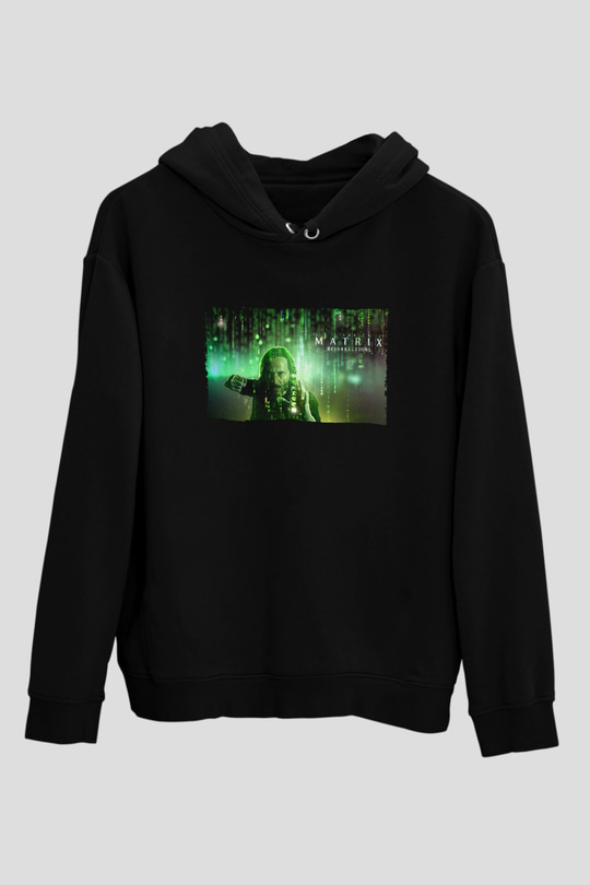 Unisex Matrix Resurrections (The Matrix Resurrections) Baskılı Siyah Kapüşonlu Sweatshirt