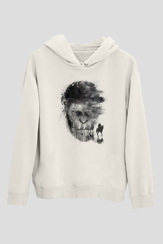 Unisex Maymunlar Cehennemi Savaş (War for the Planet of the Apes) Baskılı Beyaz Kapüşonlu Sweatshirt