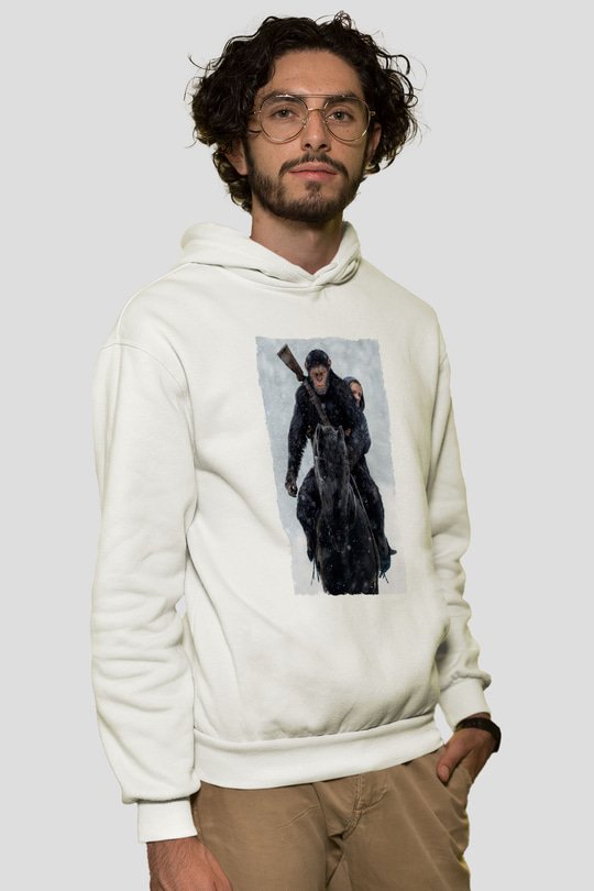 Unisex Maymunlar Cehennemi Savaş (War for the Planet of the Apes) Baskılı Beyaz Kapüşonlu Sweatshirt