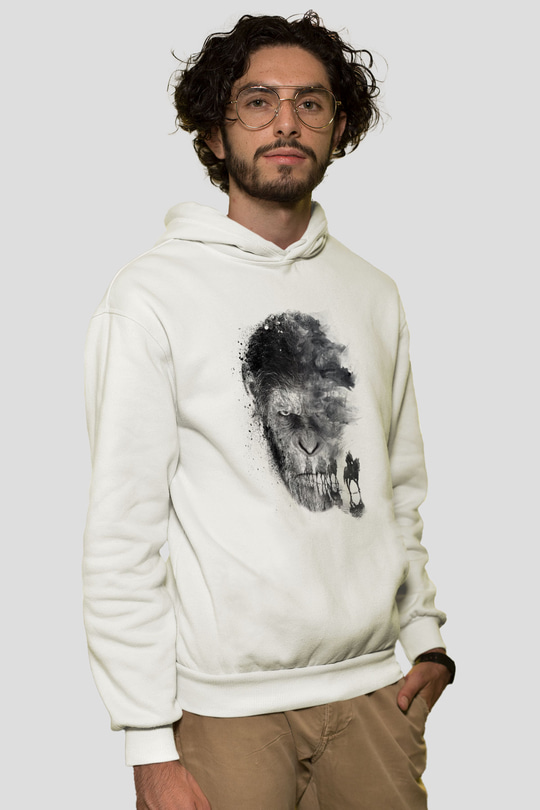 Unisex Maymunlar Cehennemi Savaş (War for the Planet of the Apes) Baskılı Beyaz Kapüşonlu Sweatshirt