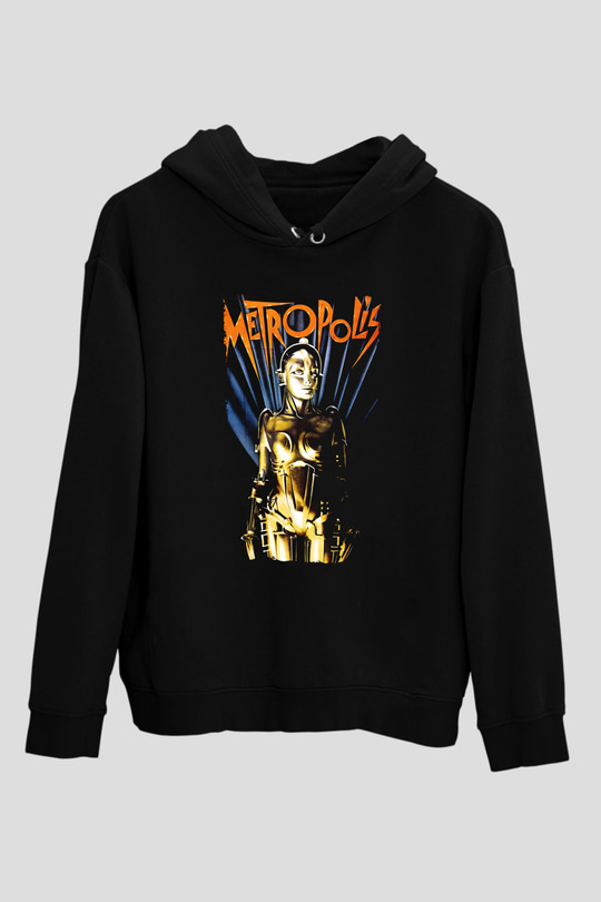 Unisex Metropolis Baskılı Siyah Kapüşonlu Sweatshirt