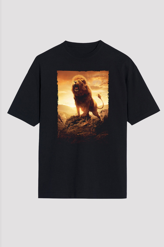 Unisex Narnia Günlükleri Aslan, Cadı ve Dolap (The Chronicles of Narnia The Lion, the Witch and the Wardrobe) Baskılı Siyah Oversize Tshirt
