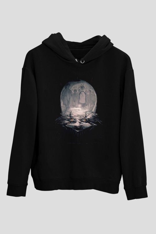 Unisex O (IT) Baskılı Siyah Kapüşonlu Sweatshirt