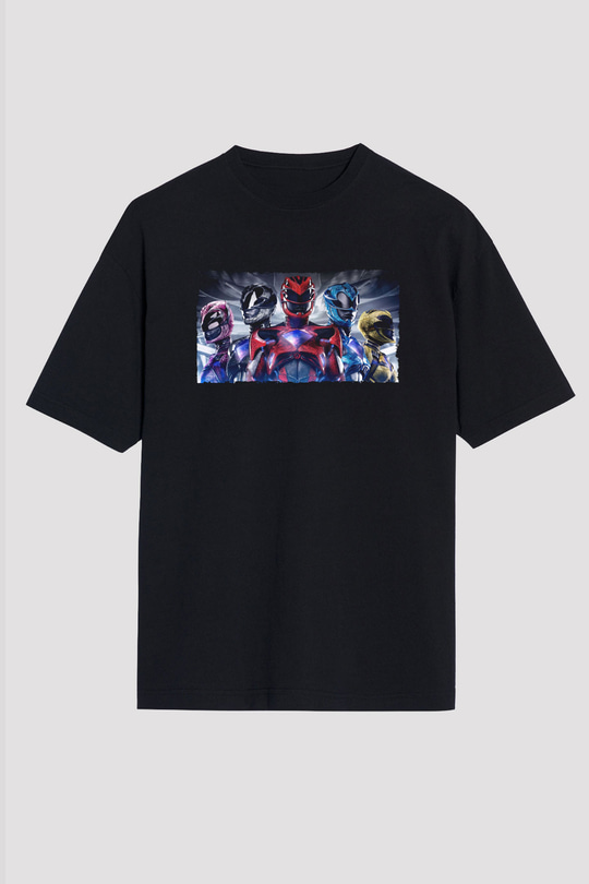 Unisex Power Rangers Baskılı Siyah Oversize Tişört