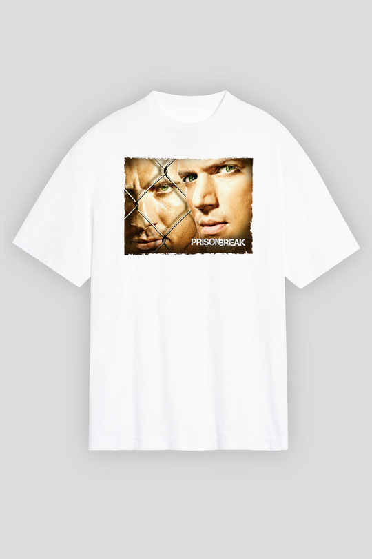 Unisex Prison Break Baskılı Beyaz Oversize Tişört