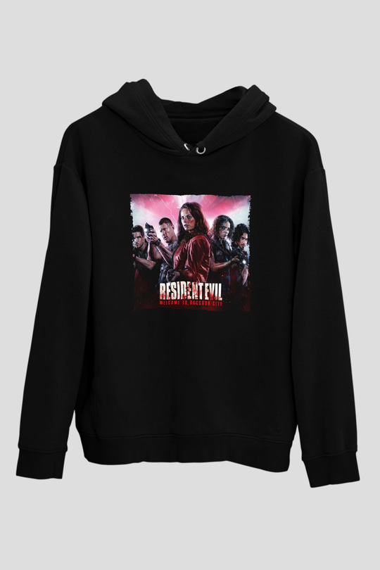 Unisex Resident Evil Raccoon Şehri (Resident Evil Welcome to Raccoon City) Baskılı Siyah Kapüşonlu Sweatshirt
