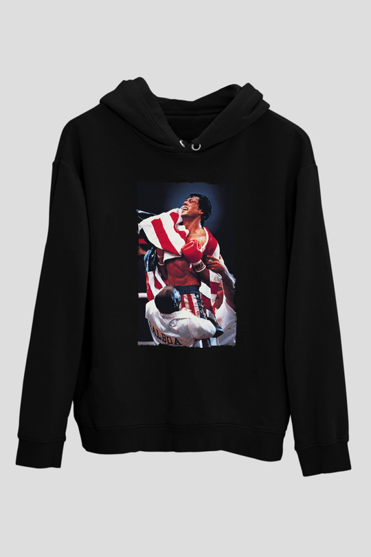 Unisex Rocky IV Baskılı Siyah Kapüşonlu Sweatshirt