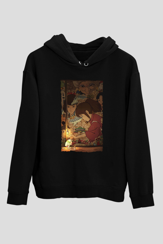 Unisex Ruhların Kaçışı (Spirited Away) Baskılı Siyah Kapüşonlu Sweatshirt