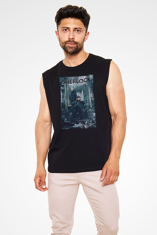 Unisex Sherlock Baskılı Siyah Kolsuz Tshirt