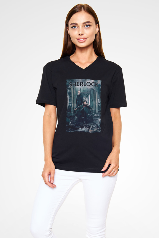 Unisex Sherlock Baskılı Siyah V Yaka Tshirt