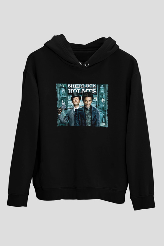 Unisex Sherlock Holmes Baskılı Siyah Kapüşonlu Sweatshirt