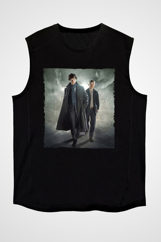 Unisex Sherlock Holmes Baskılı Siyah Kolsuz Tişört