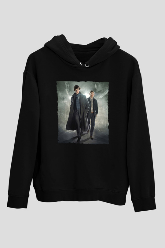 Unisex Sherlock Holmes Baskılı Siyah Kapüşonlu Sweatshirt