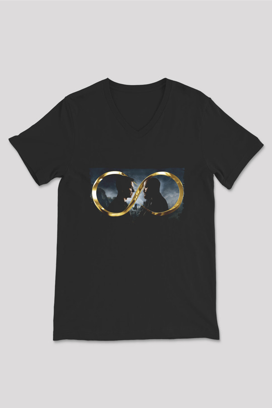 Unisex Sonsuz (Infinite) Baskılı Siyah V Yaka Tişört