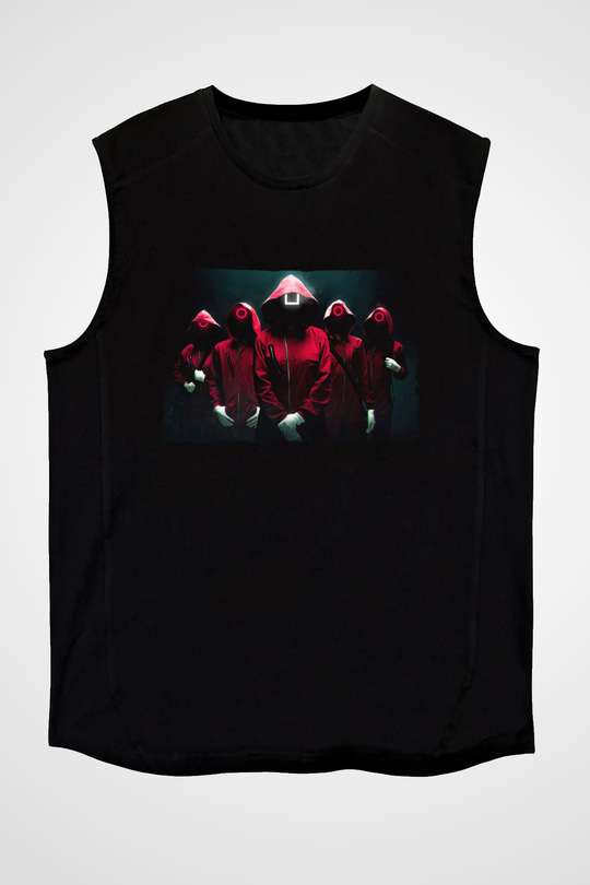 Unisex Squid Game Baskılı Siyah Kolsuz T-shirt