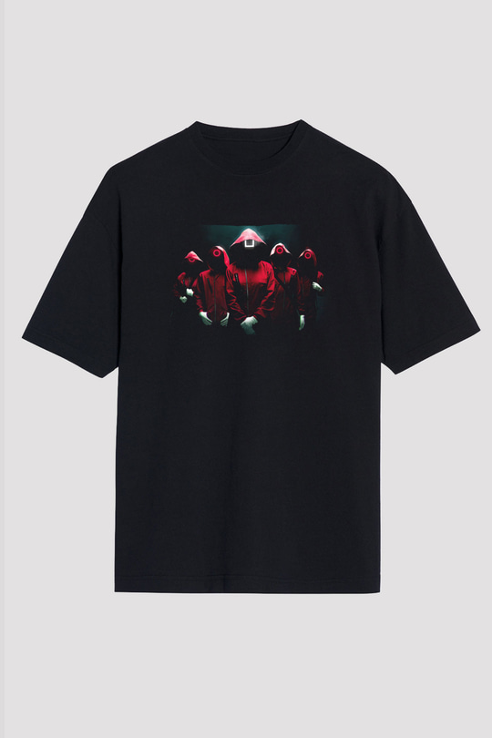 Unisex Squid Game Baskılı Siyah Oversize T-shirt