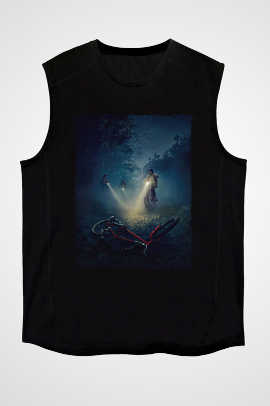 Unisex Stranger Things Baskılı Siyah Kolsuz Tişört