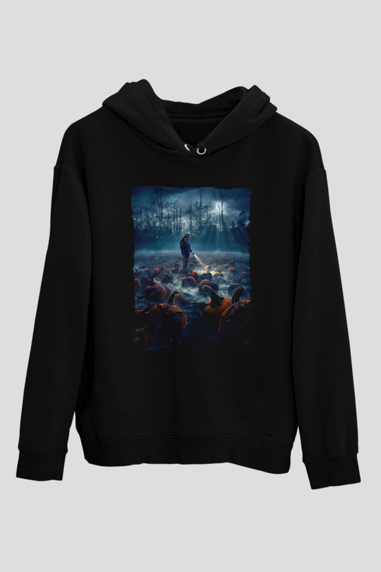 Unisex Stranger Things Baskılı Siyah Unisex Kapüşonlu Sweatshirt