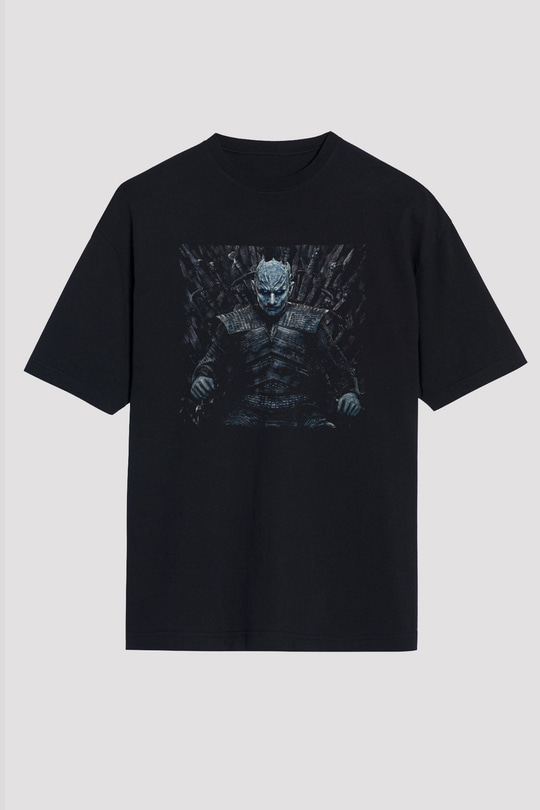 Unisex Taht Oyunları Baskılı Siyah Oversize T-shirt