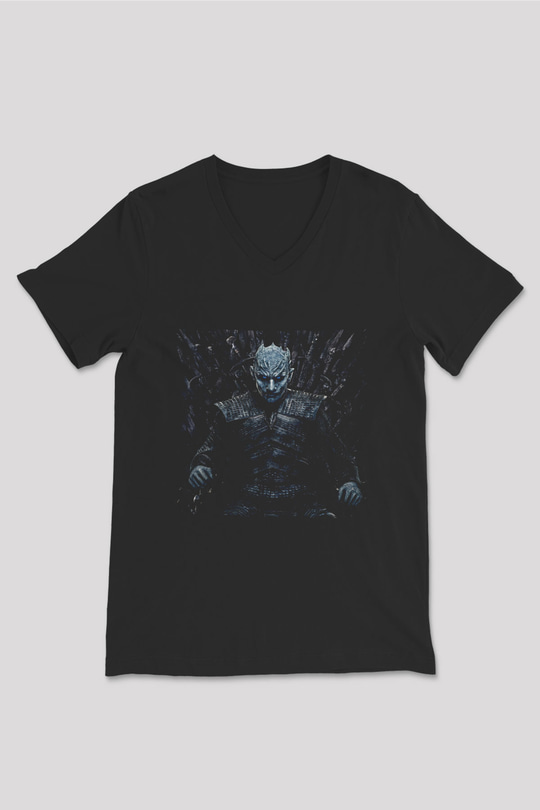 Unisex Taht Oyunları Baskılı Siyah V Yaka T-shirt