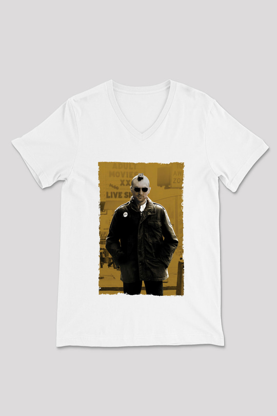 Unisex Taksi Şoförü (Taxi Driver) Baskılı Beyaz V Yaka Tshirt