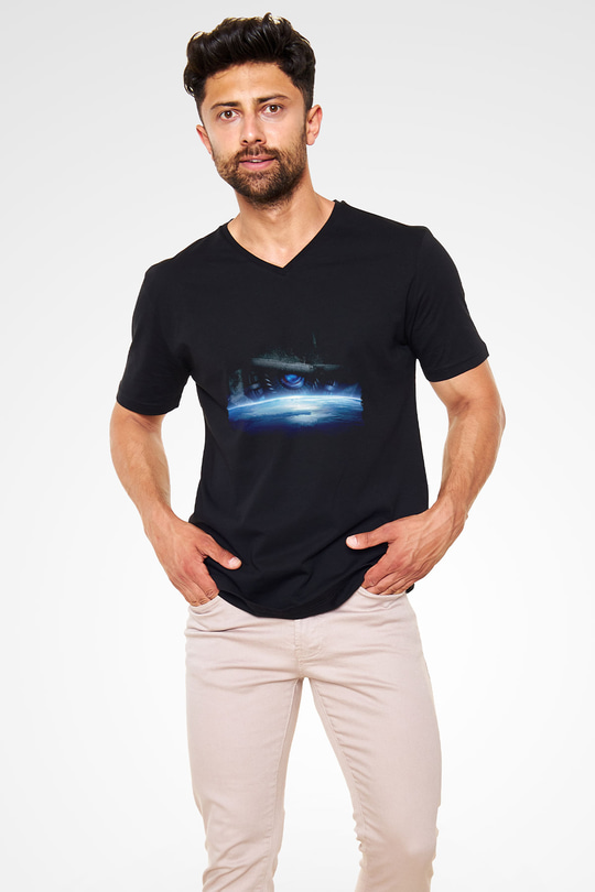 Unisex Transformers Baskılı Siyah V Yaka Tişört