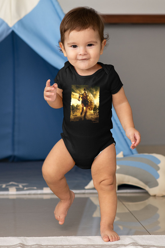 Unisex Truva (Troy) Baskılı Siyah Bebek Body - Zıbın