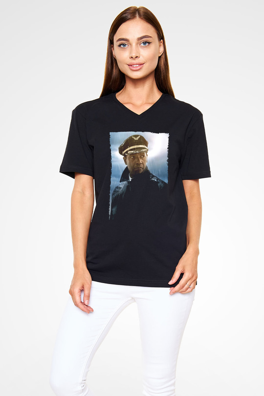 Unisex Uçuş (Flight) Baskılı Siyah V Yaka T-shirt