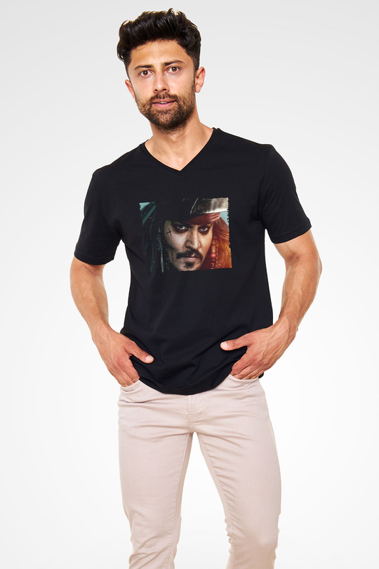 Unisex Unisex Karayip Korsanları (Pirates of the Caribbean) Baskılı Siyah V Yaka T-shirt