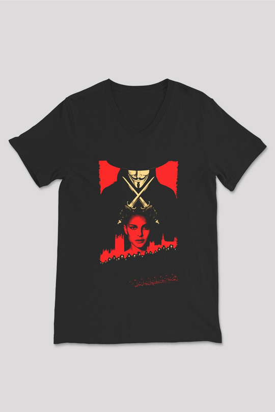 Unisex V for Vendetta Baskılı Siyah V Yaka Tshirt