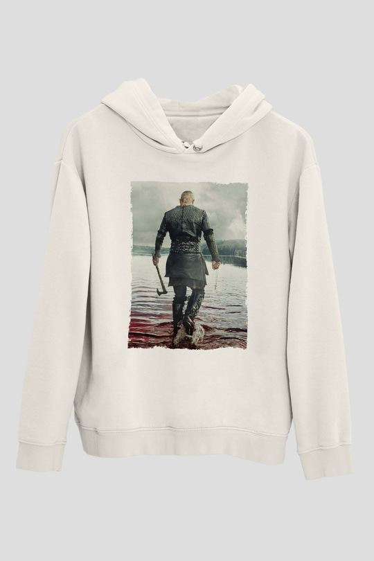 Unisex Vikings Baskılı Beyaz Kapüşonlu Sweatshirt