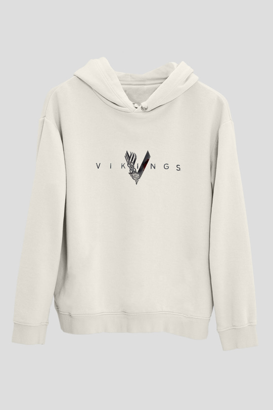 Unisex Vikings Baskılı Beyaz Kapüşonlu Sweatshirt