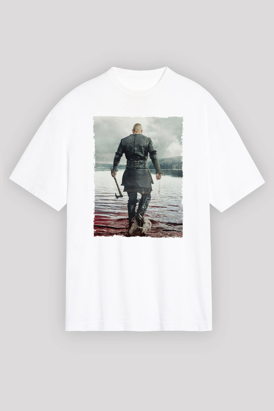 Unisex Vikings Baskılı Beyaz Oversize Oversize T-shirt