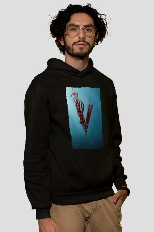 Unisex Vikings Baskılı Siyah Kapüşonlu Sweatshirt