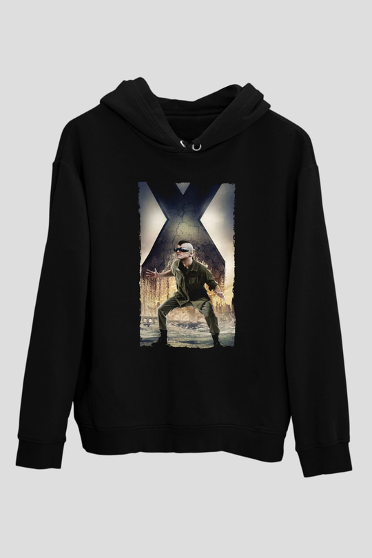 Unisex X-Men Days of Future Past Baskılı Siyah Kapüşonlu Sweatshirt