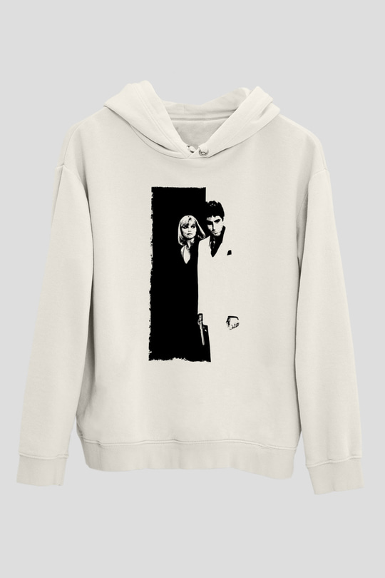 Unisex Yaralı Yüz (Scarface) Baskılı Beyaz Kapüşonlu Sweatshirt