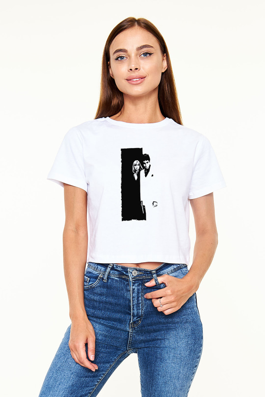 Unisex Yaralı Yüz (Scarface) Baskılı Beyaz Crop Top Tshirt