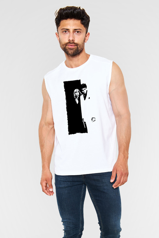 Unisex Yaralı Yüz (Scarface) Baskılı Beyaz Kolsuz Tshirt