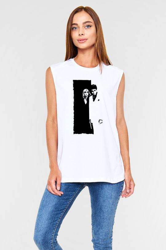 Unisex Yaralı Yüz (Scarface) Baskılı Beyaz Kolsuz Tshirt